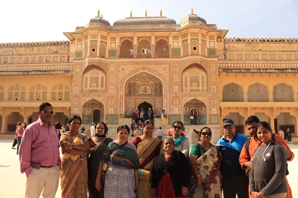 A view of the Amer Fort in Jaipur, lit up at night