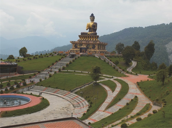 A group posing in front of a scenic mountain view in Sikkim