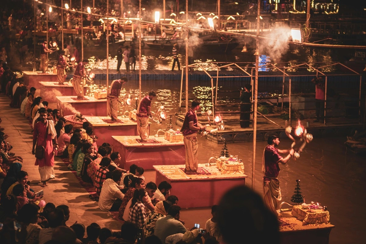 The sacred Ganga Aarti ceremony on the banks of the Ganges in Varanasi