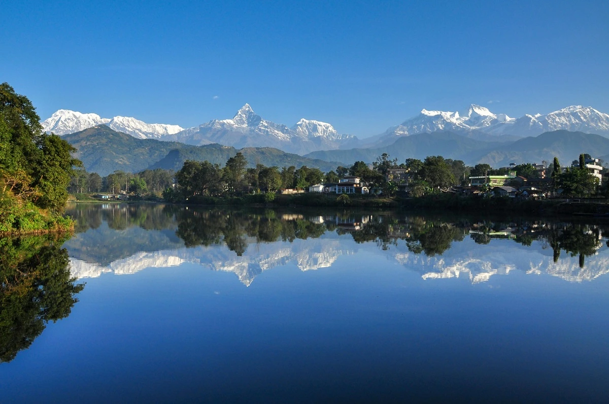 Fewa Lake and the Annapurna mountain range in Pokhara
