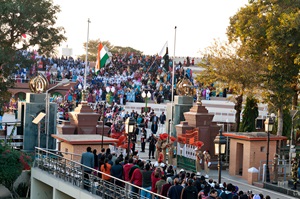 The flag-lowering ceremony at the Wagah-Attari border