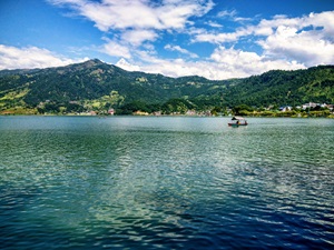 Fewa Lake in Pokhara with boat