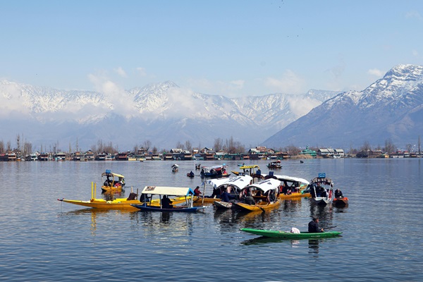 A view of the Dal Lake and traditional shikaras